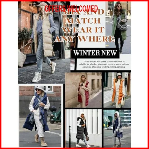Women's Long Puffer Vest Sleeveless Jacket Zip Up Hooded Quilted